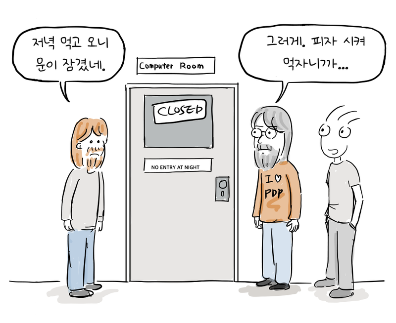 프로그래머 세 명이 야간 출입 금지 안내가 붙은 잠긴 컴퓨터실 문 앞에 서 있다.